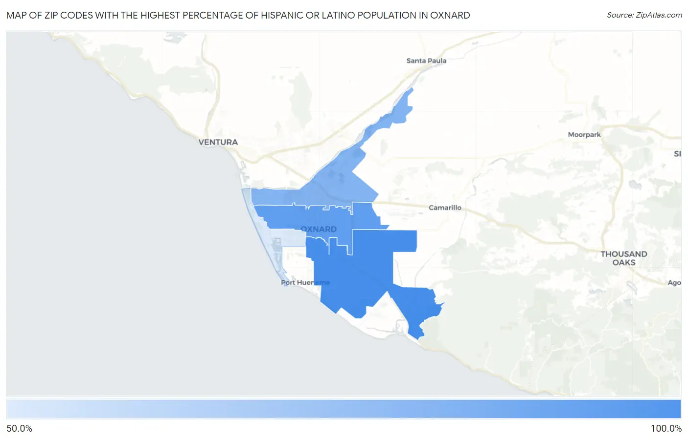 Zip Codes with the Highest Percentage of Hispanic or Latino Population in Oxnard Map