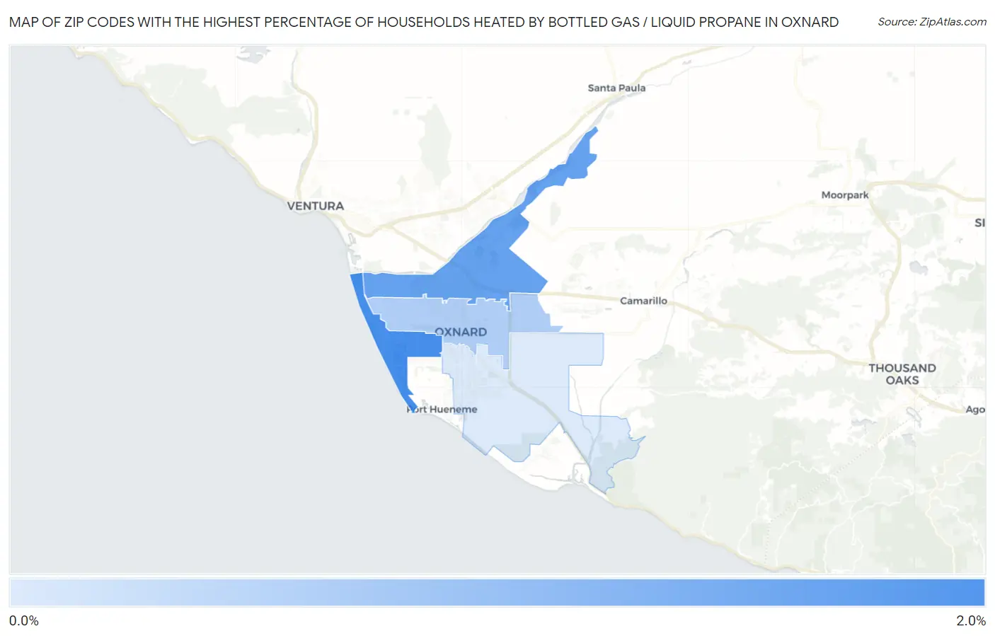 Zip Codes with the Highest Percentage of Households Heated by Bottled Gas / Liquid Propane in Oxnard Map