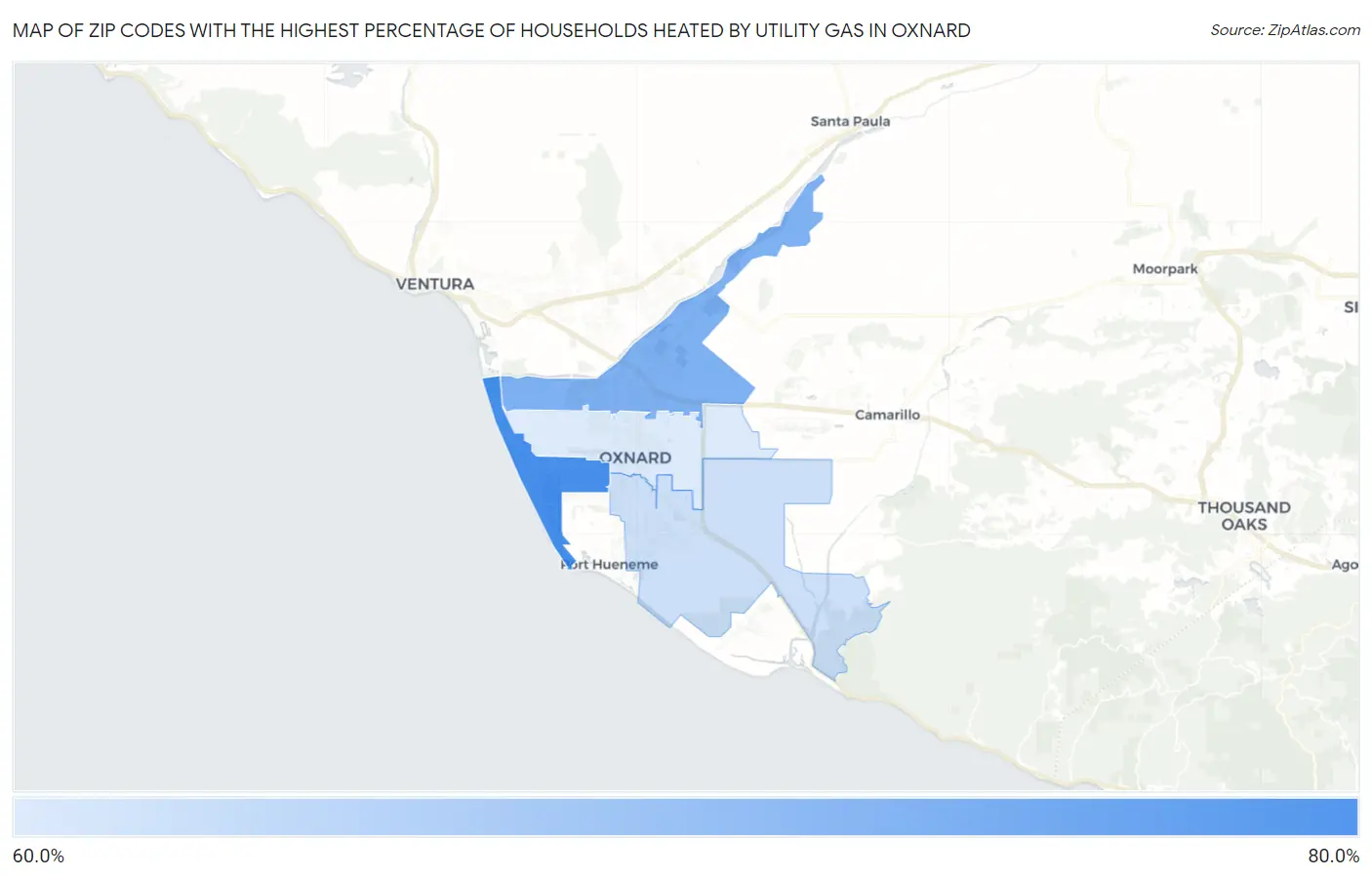 Zip Codes with the Highest Percentage of Households Heated by Utility Gas in Oxnard Map