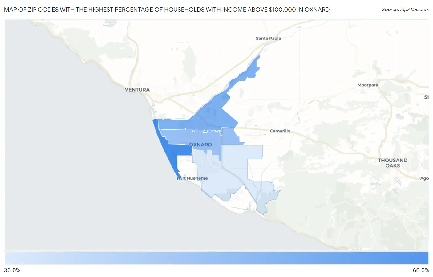 Zip Codes with the Highest Percentage of Households with Income Above $100,000 in Oxnard Map