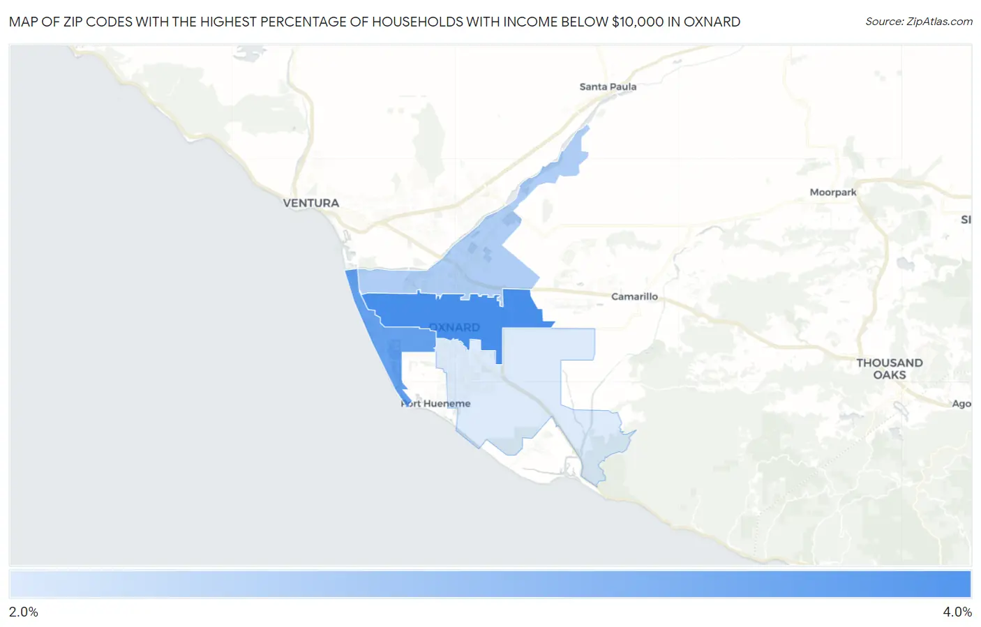 Zip Codes with the Highest Percentage of Households with Income Below $10,000 in Oxnard Map