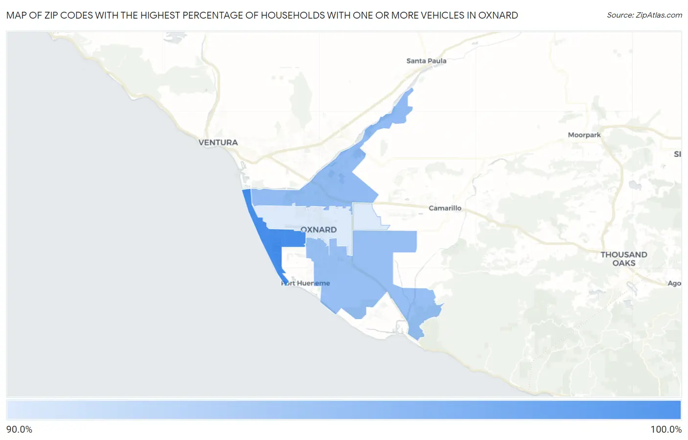 Zip Codes with the Highest Percentage of Households With One or more Vehicles in Oxnard Map