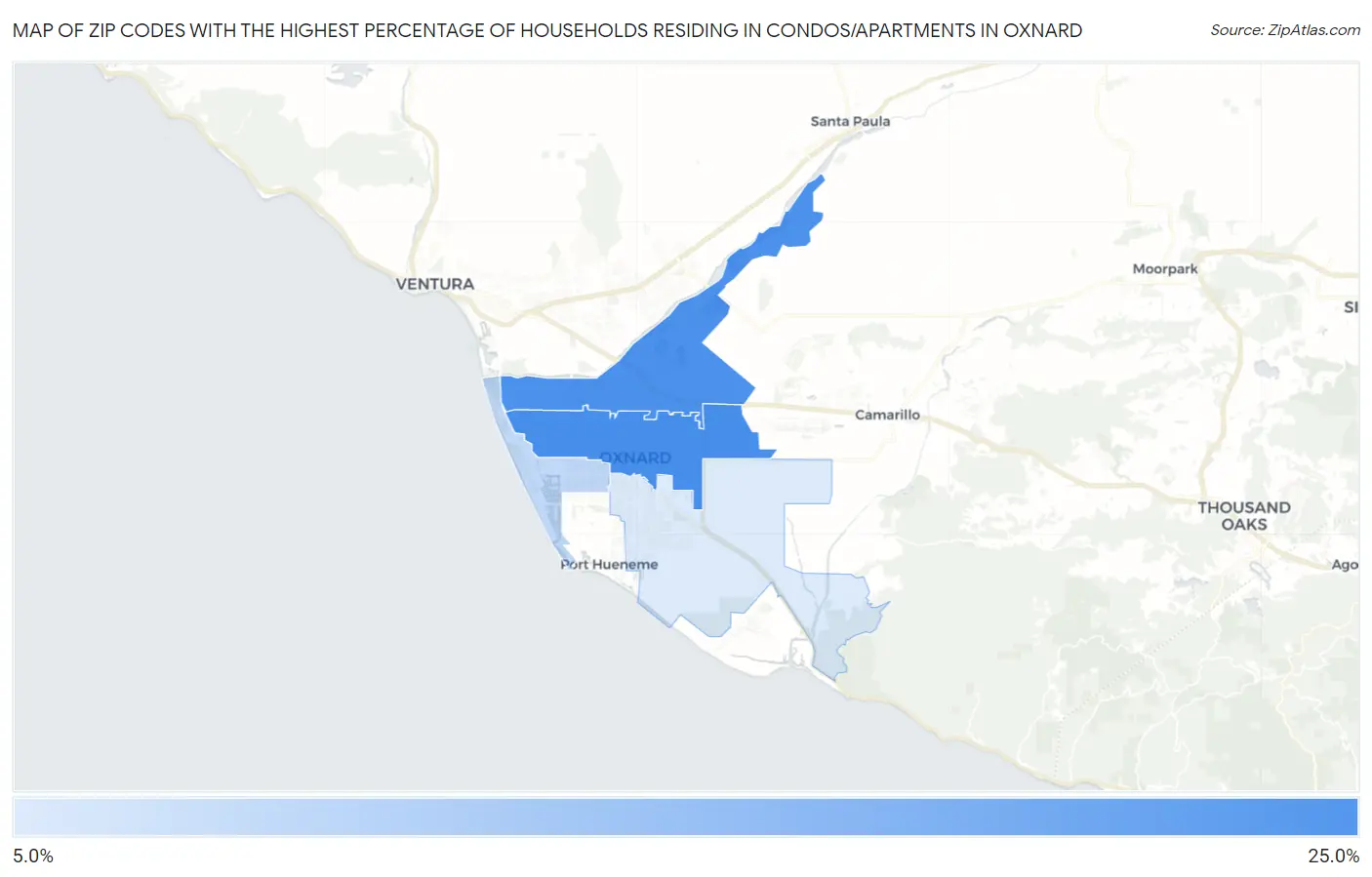 Zip Codes with the Highest Percentage of Households Residing in Condos/Apartments in Oxnard Map