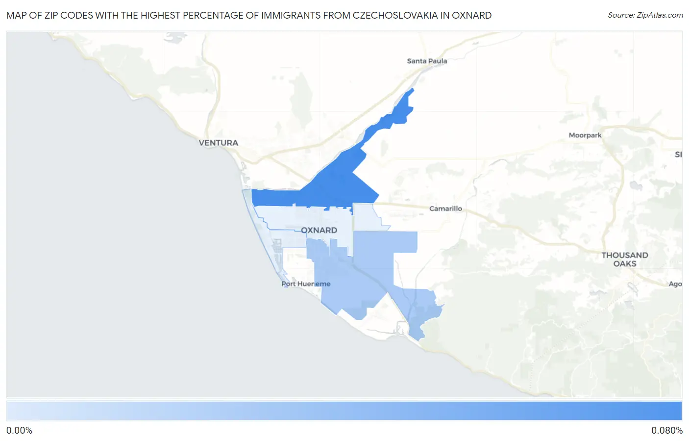 Zip Codes with the Highest Percentage of Immigrants from Czechoslovakia in Oxnard Map
