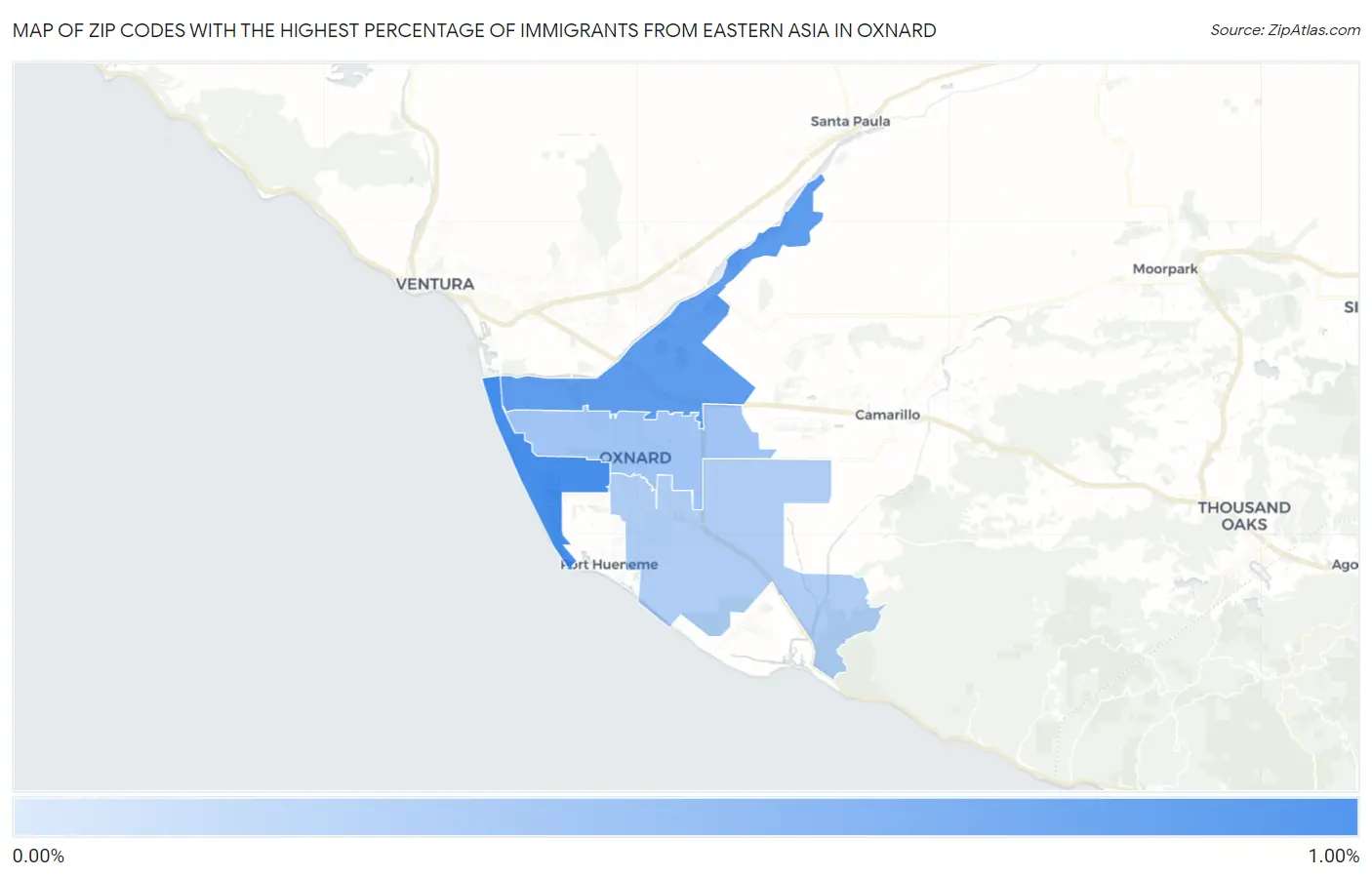 Zip Codes with the Highest Percentage of Immigrants from Eastern Asia in Oxnard Map