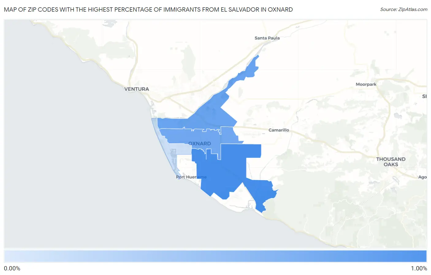 Zip Codes with the Highest Percentage of Immigrants from El Salvador in Oxnard Map