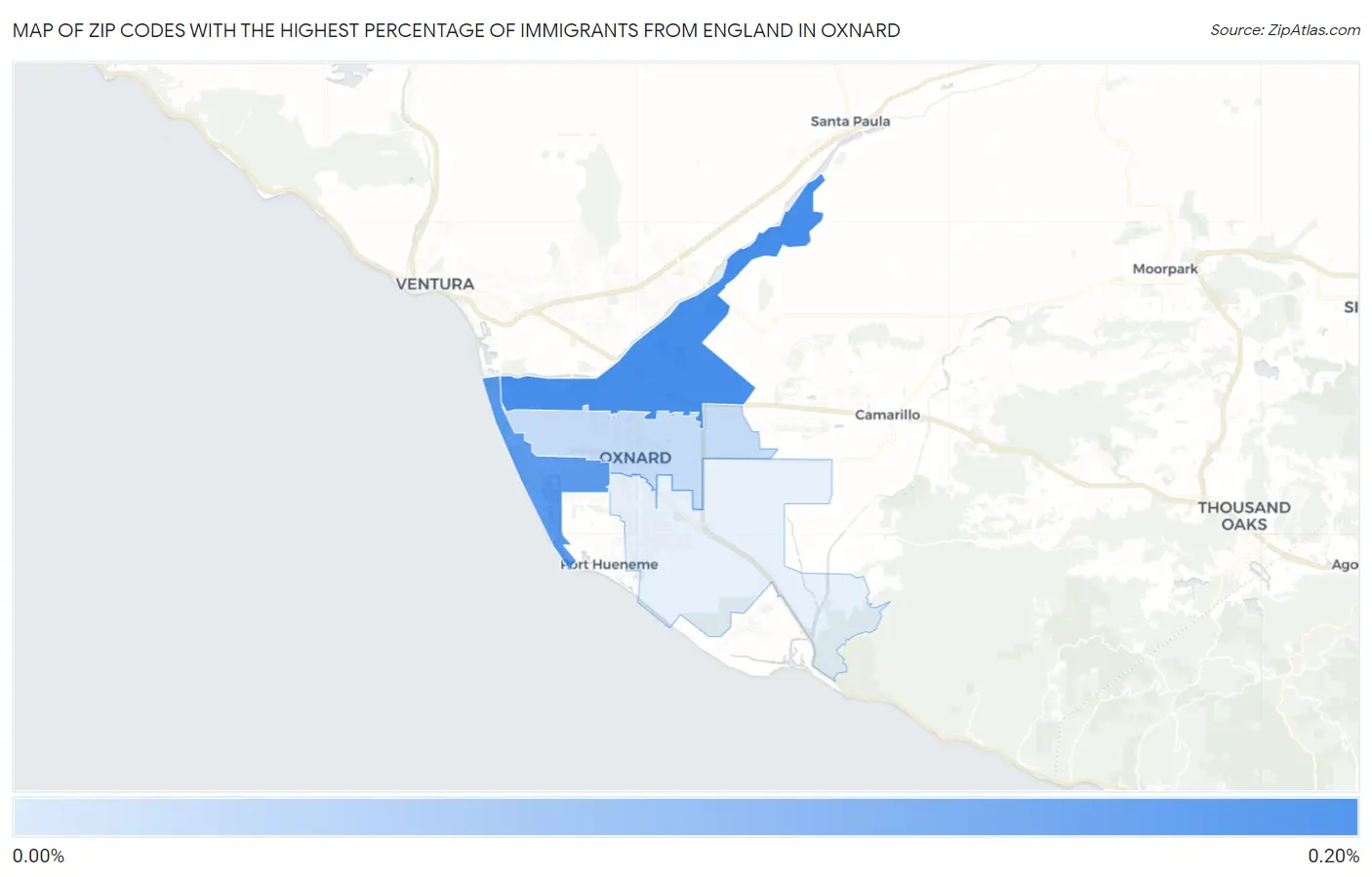 Zip Codes with the Highest Percentage of Immigrants from England in Oxnard Map