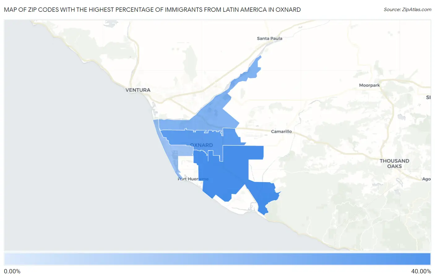Zip Codes with the Highest Percentage of Immigrants from Latin America in Oxnard Map