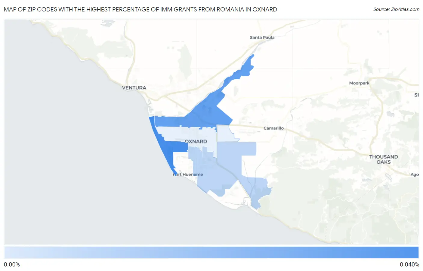 Zip Codes with the Highest Percentage of Immigrants from Romania in Oxnard Map