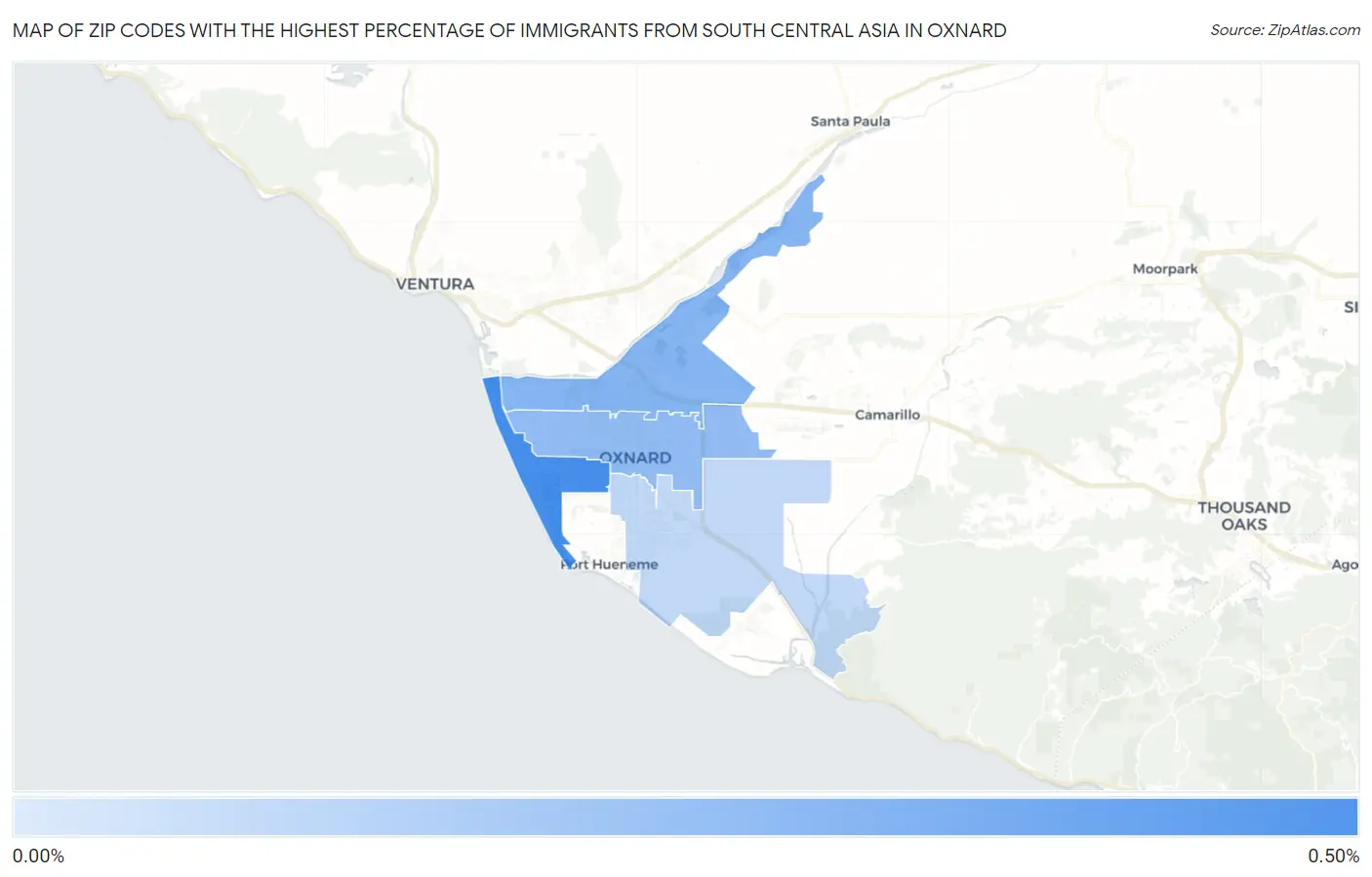 Zip Codes with the Highest Percentage of Immigrants from South Central Asia in Oxnard Map