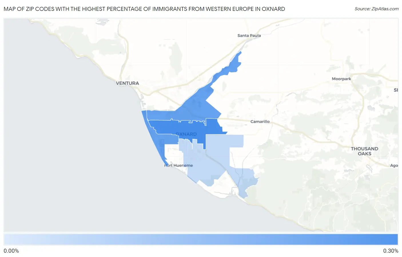 Zip Codes with the Highest Percentage of Immigrants from Western Europe in Oxnard Map