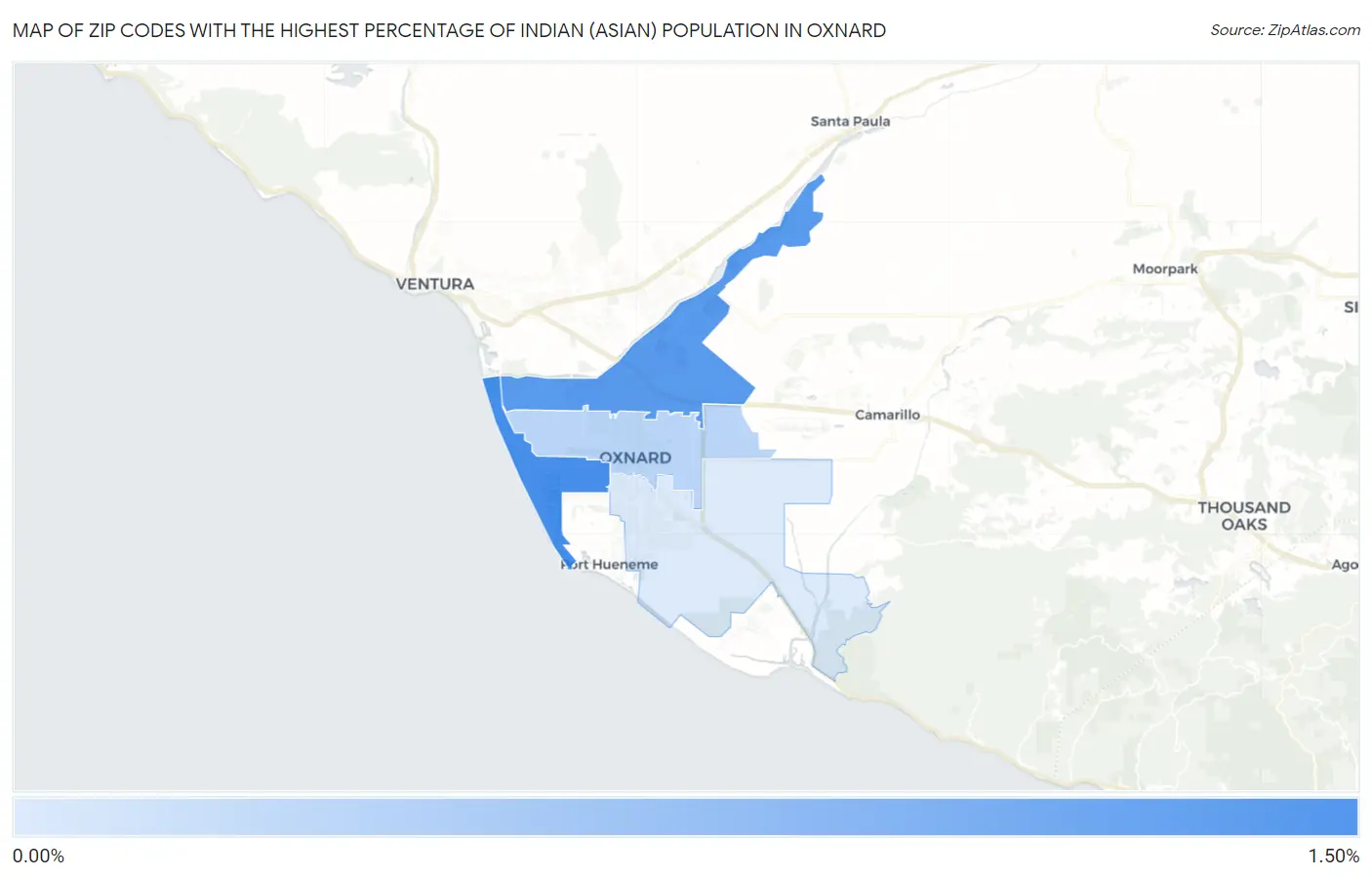 Zip Codes with the Highest Percentage of Indian (Asian) Population in Oxnard Map