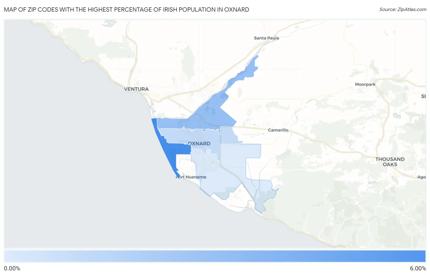 Zip Codes with the Highest Percentage of Irish Population in Oxnard Map