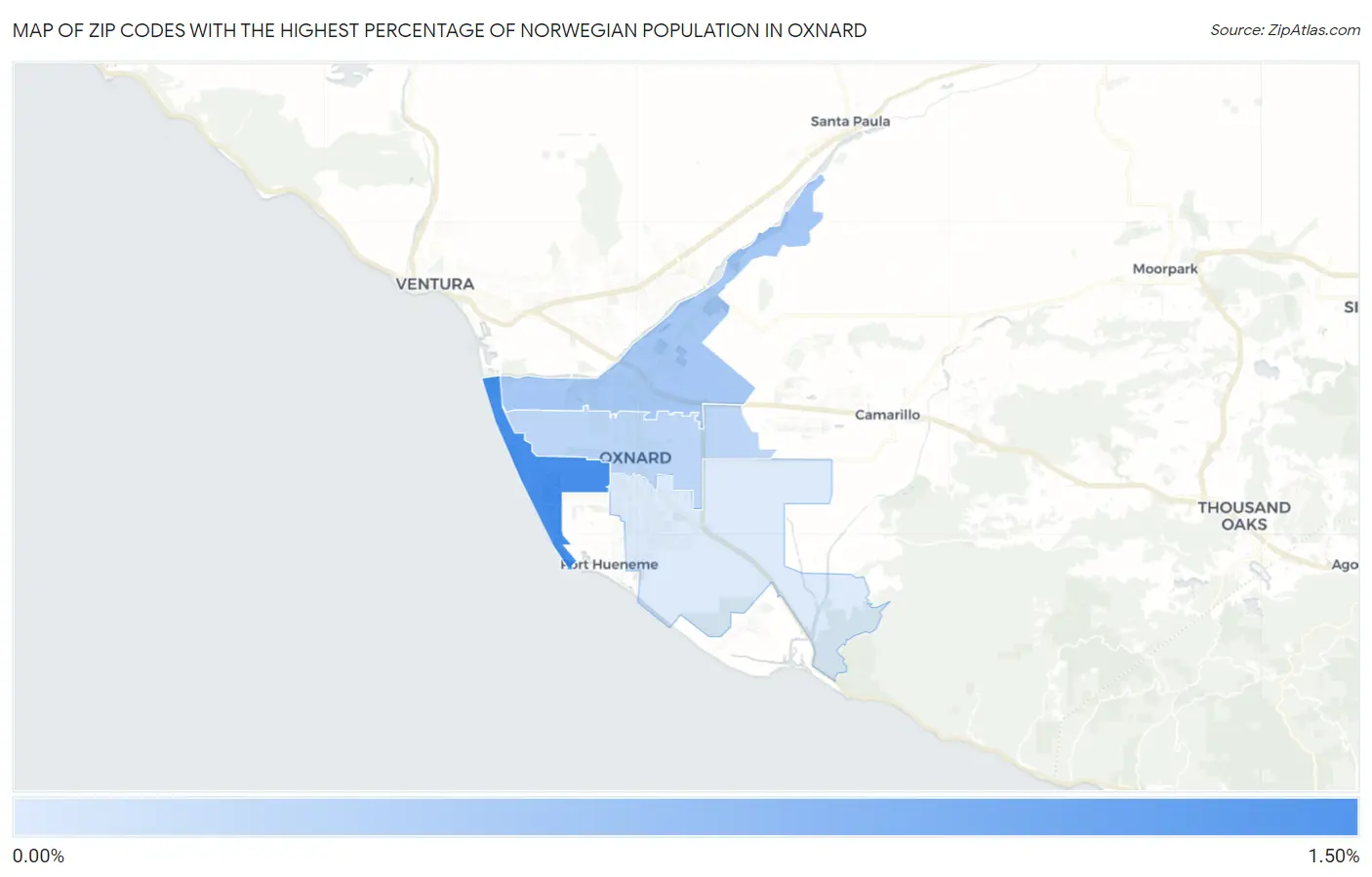 Zip Codes with the Highest Percentage of Norwegian Population in Oxnard Map
