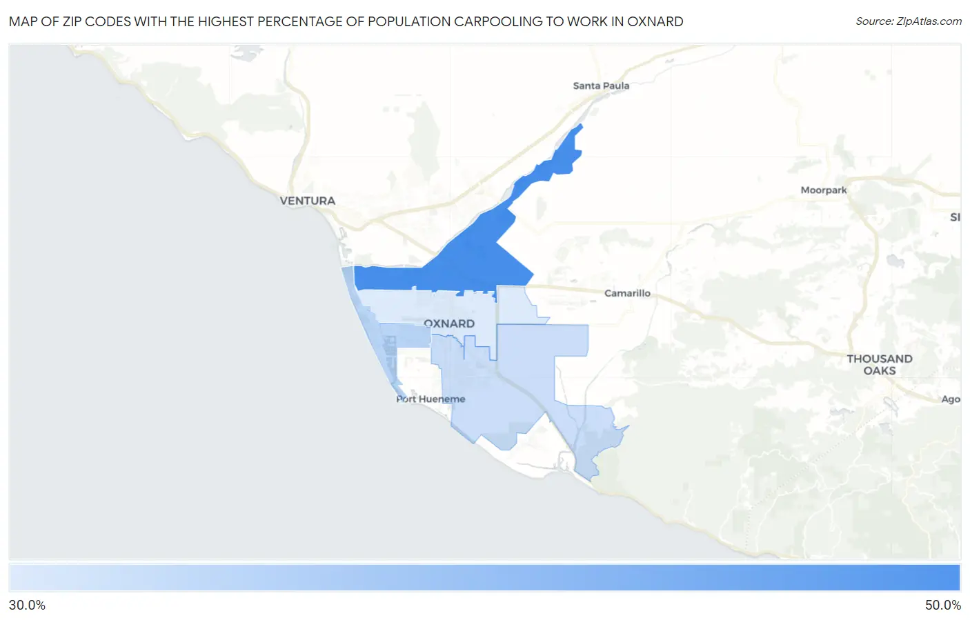 Zip Codes with the Highest Percentage of Population Carpooling to Work in Oxnard Map