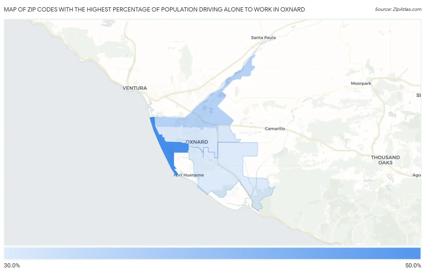 Zip Codes with the Highest Percentage of Population Driving Alone to Work in Oxnard Map