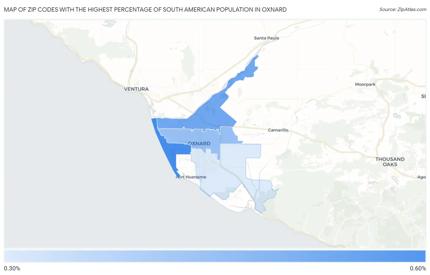 Zip Codes with the Highest Percentage of South American Population in Oxnard Map