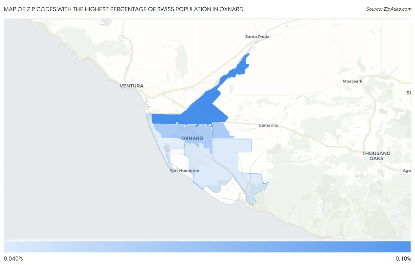 Zip Codes with the Highest Percentage of Swiss Population in Oxnard Map