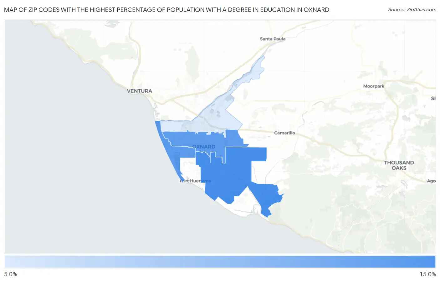 Zip Codes with the Highest Percentage of Population with a Degree in Education in Oxnard Map