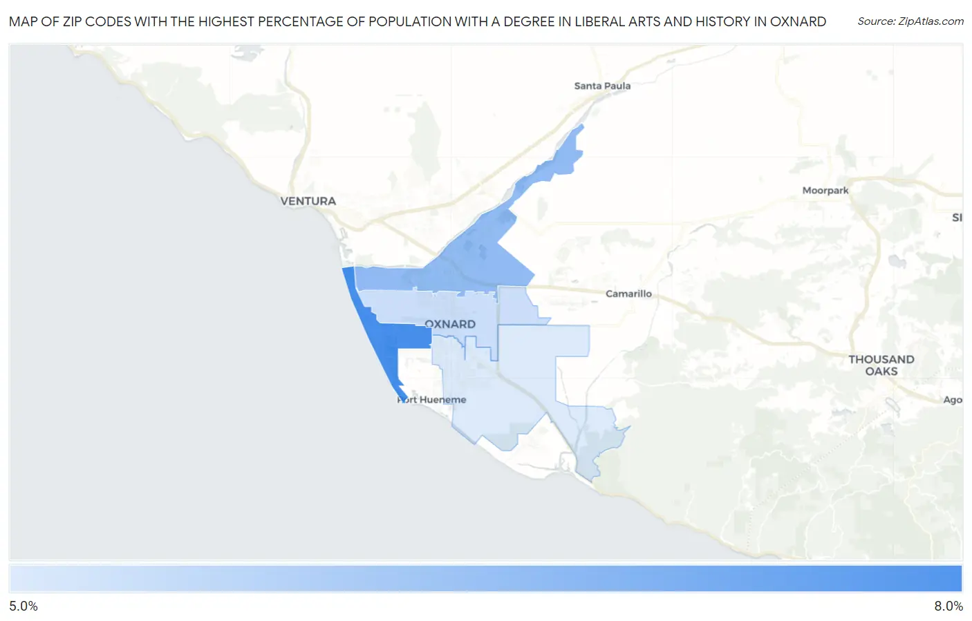 Zip Codes with the Highest Percentage of Population with a Degree in Liberal Arts and History in Oxnard Map