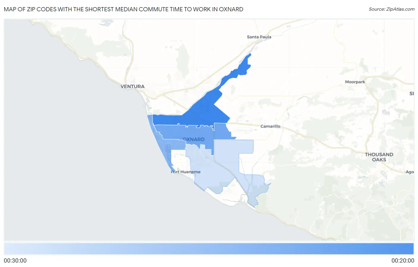 Zip Codes with the Shortest Median Commute Time to Work in Oxnard Map