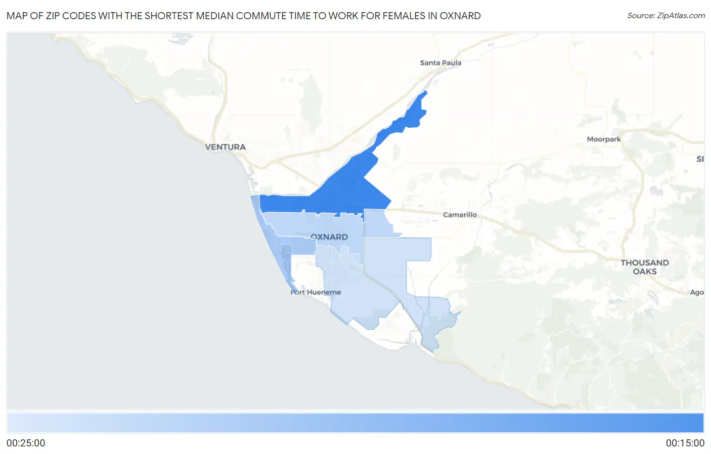 Zip Codes with the Shortest Median Commute Time to Work for Females in Oxnard Map