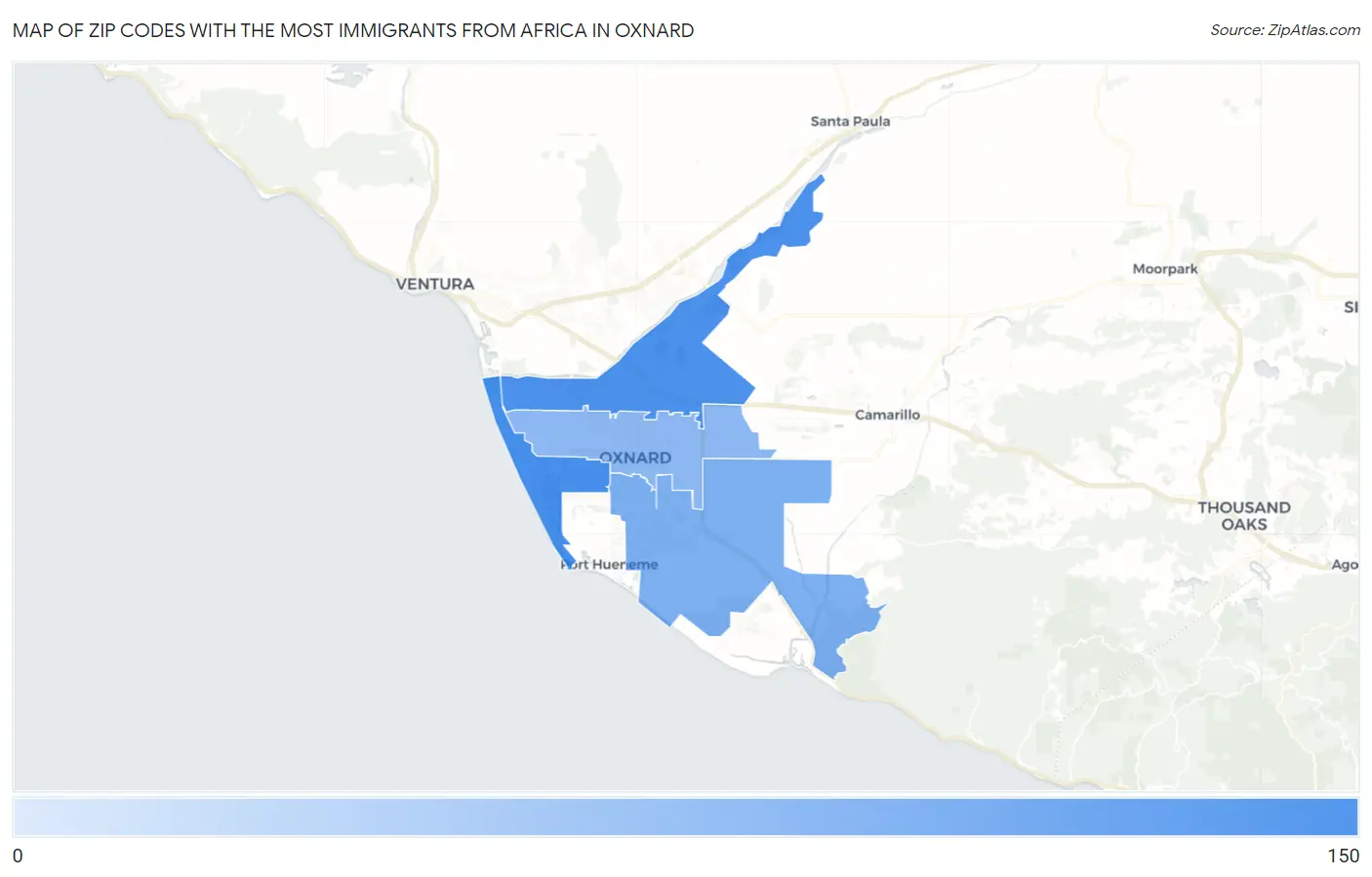 Zip Codes with the Most Immigrants from Africa in Oxnard Map