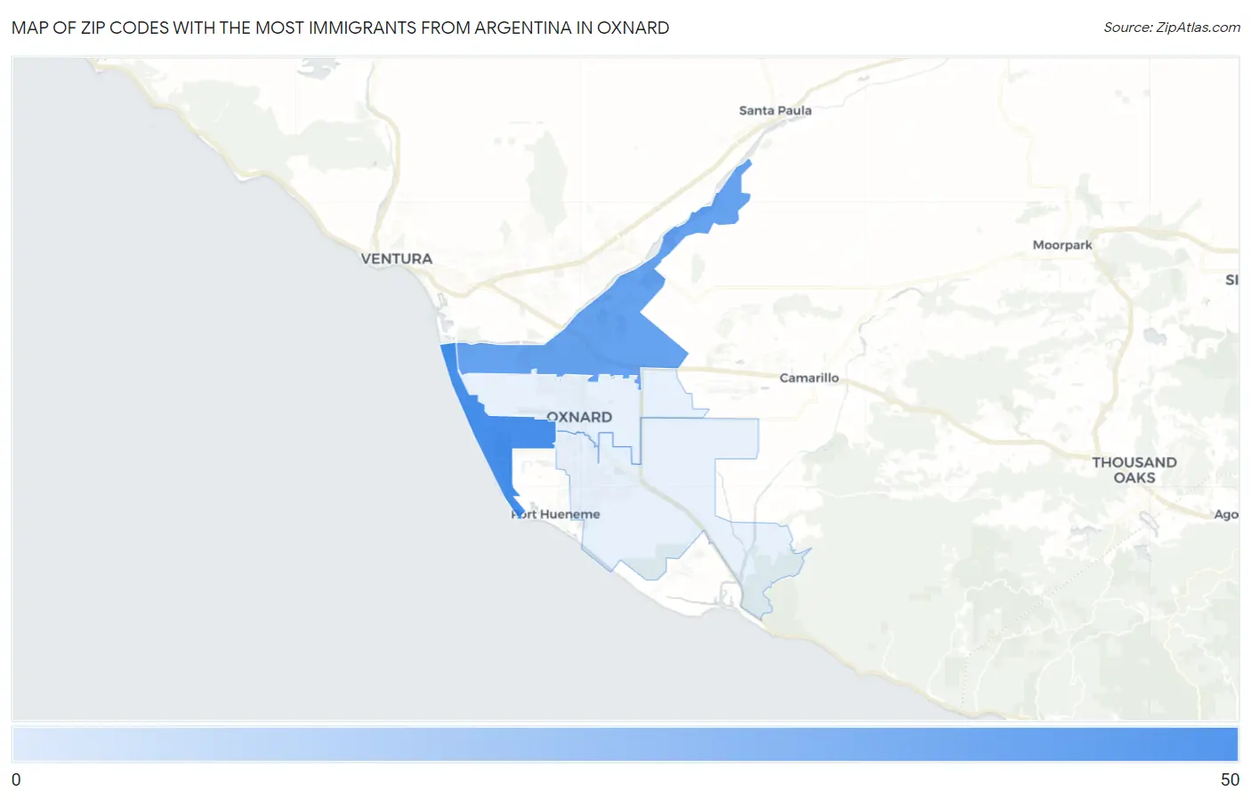 Zip Codes with the Most Immigrants from Argentina in Oxnard Map