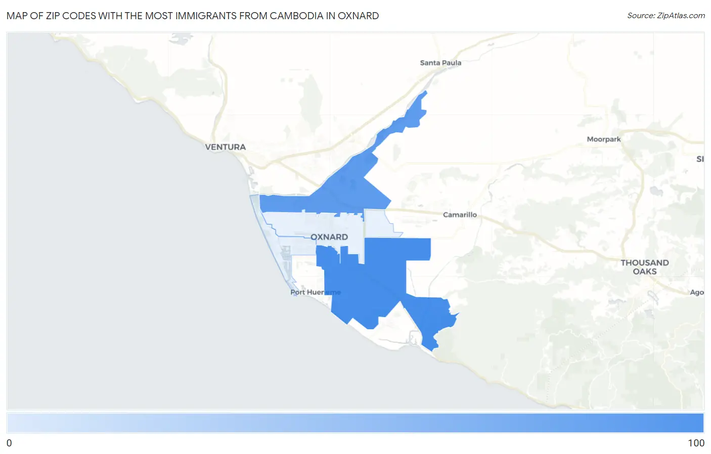 Zip Codes with the Most Immigrants from Cambodia in Oxnard Map