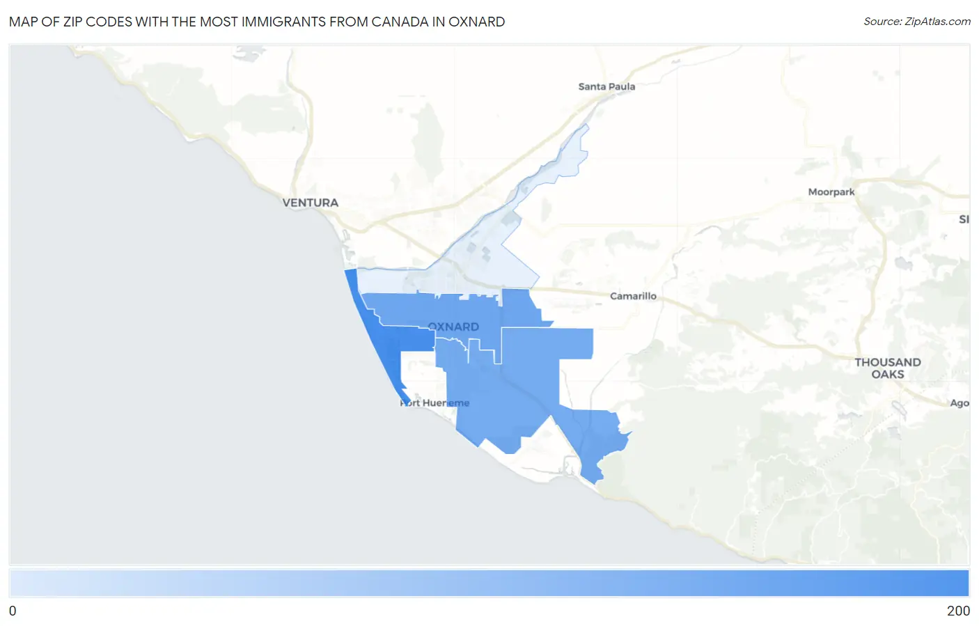 Zip Codes with the Most Immigrants from Canada in Oxnard Map