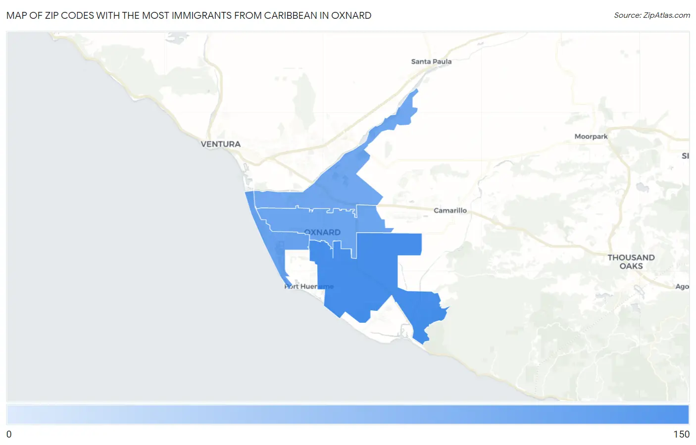Zip Codes with the Most Immigrants from Caribbean in Oxnard Map