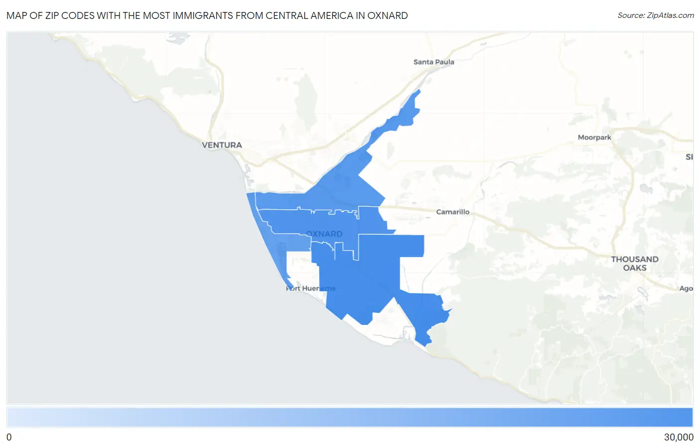 Zip Codes with the Most Immigrants from Central America in Oxnard Map
