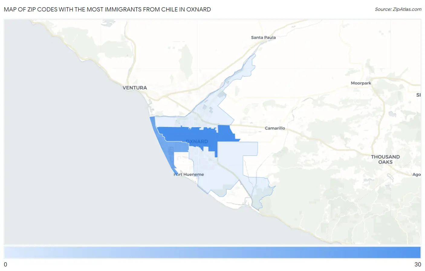 Zip Codes with the Most Immigrants from Chile in Oxnard Map