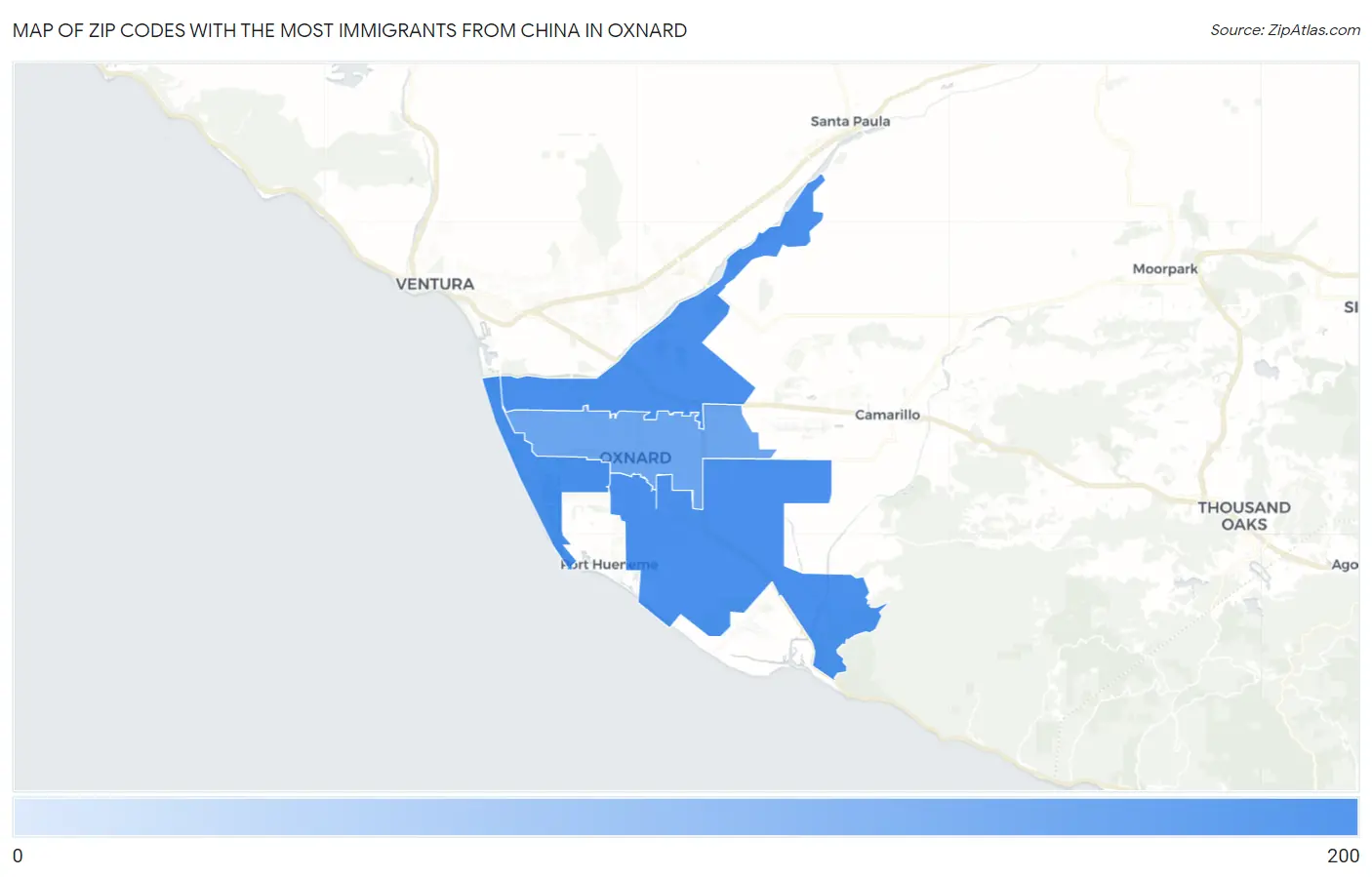Zip Codes with the Most Immigrants from China in Oxnard Map