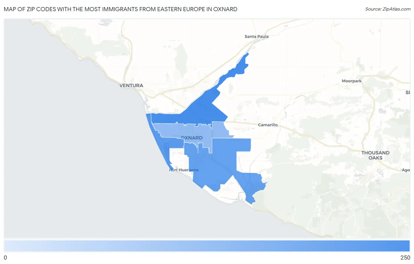 Zip Codes with the Most Immigrants from Eastern Europe in Oxnard Map