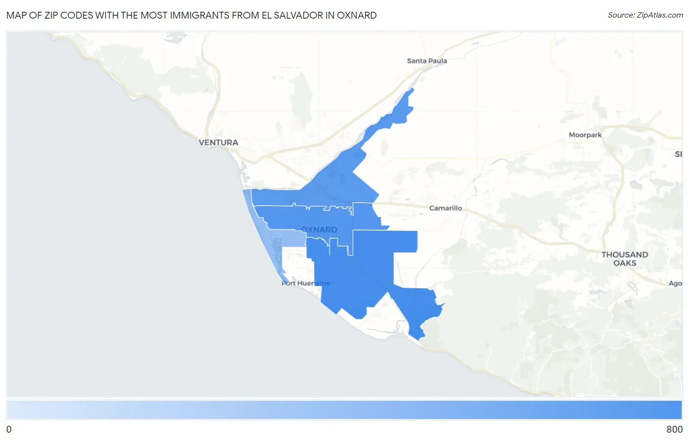 Zip Codes with the Most Immigrants from El Salvador in Oxnard Map