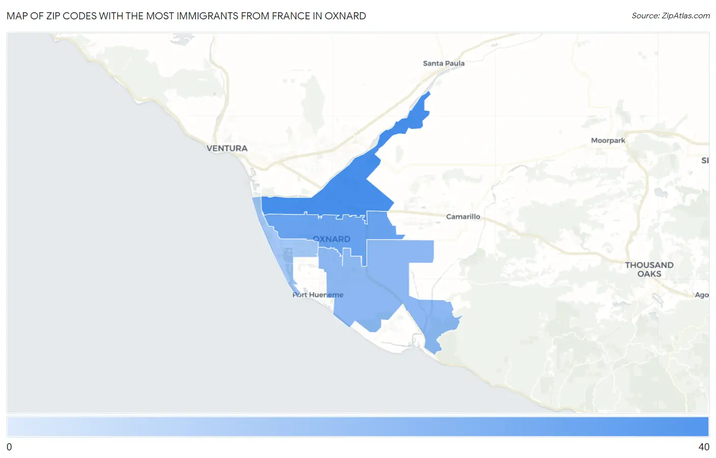 Zip Codes with the Most Immigrants from France in Oxnard Map