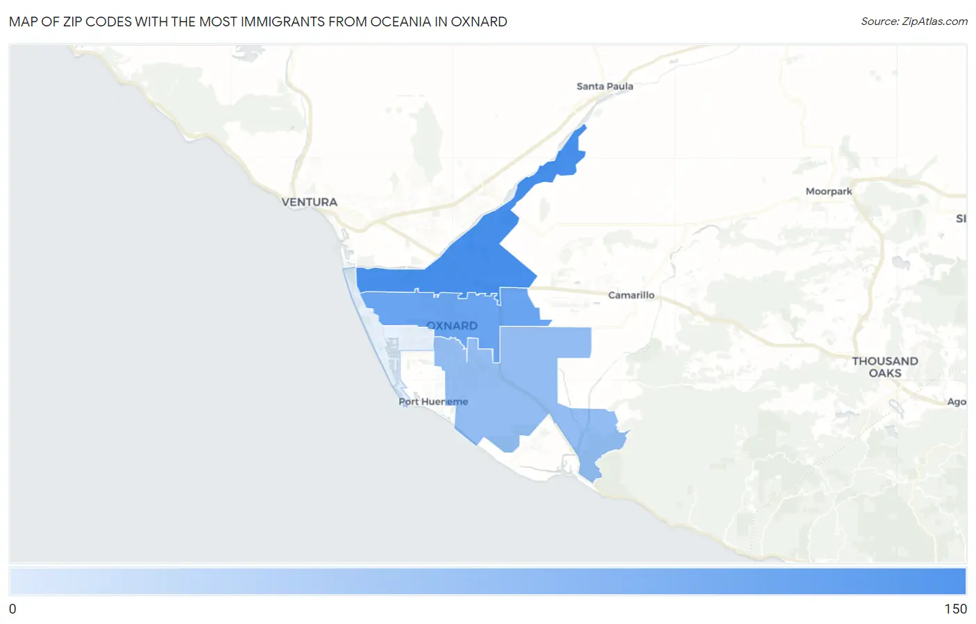 Zip Codes with the Most Immigrants from Oceania in Oxnard Map