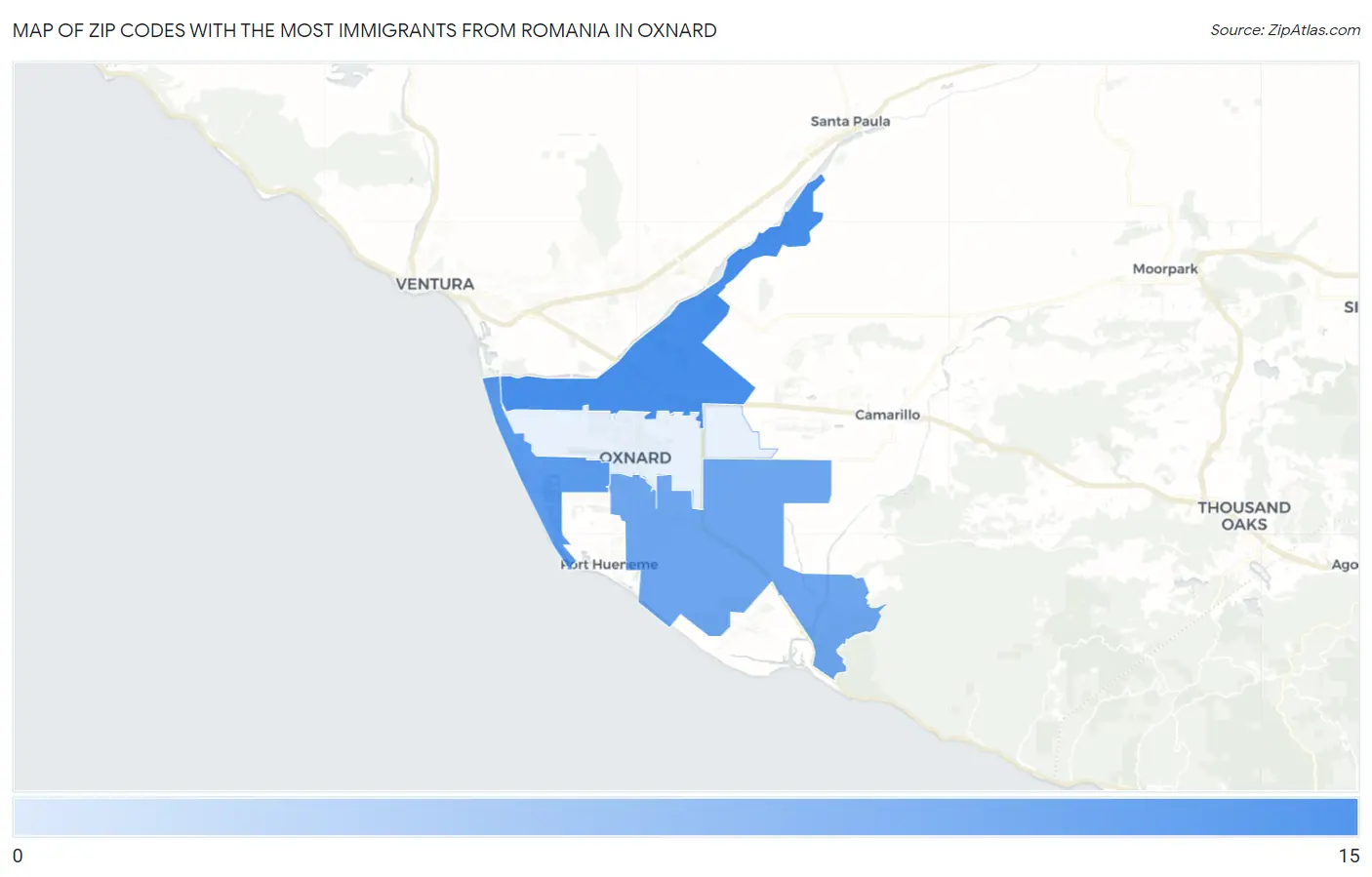 Zip Codes with the Most Immigrants from Romania in Oxnard Map