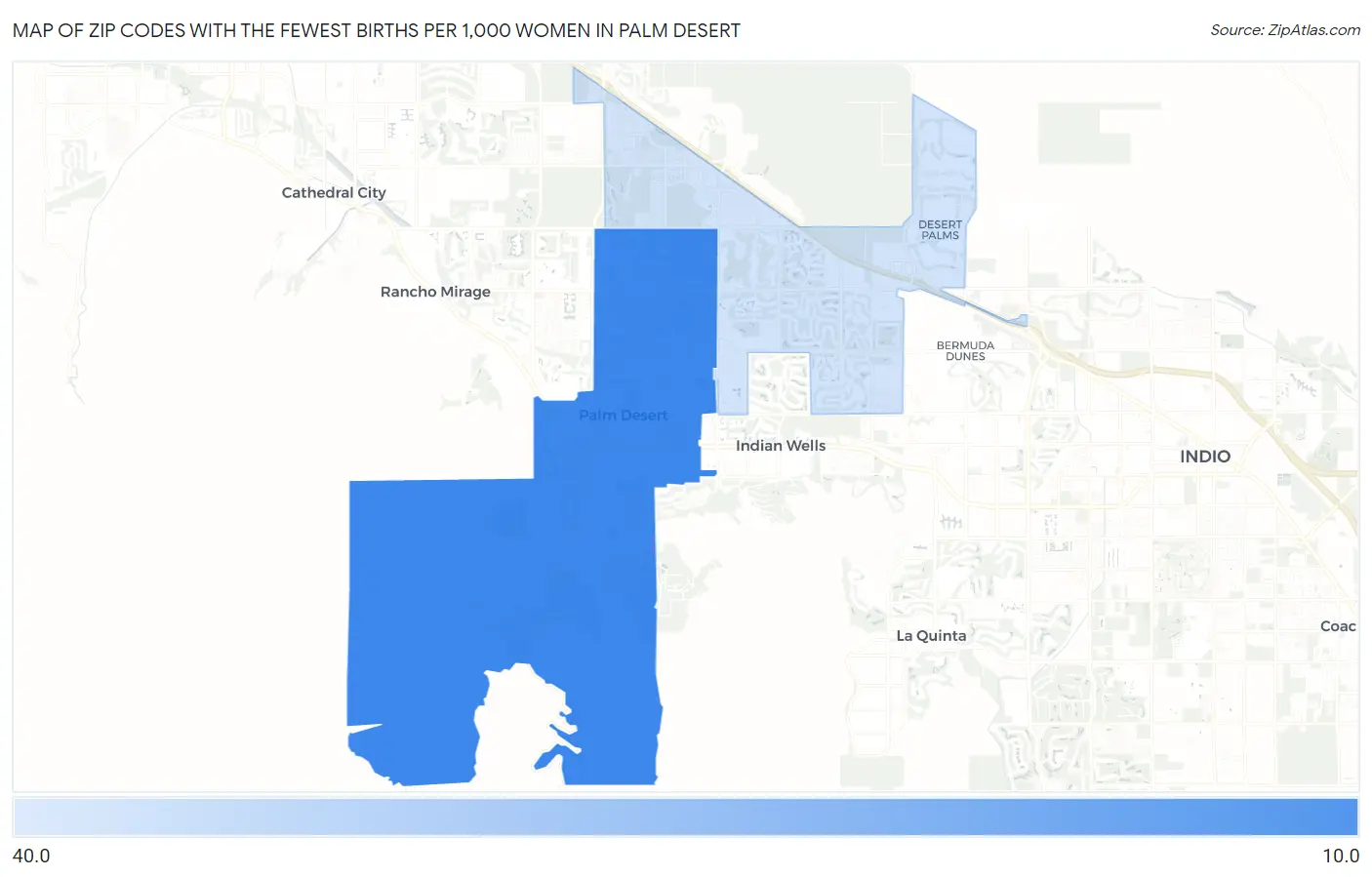 Zip Codes with the Fewest Births per 1,000 Women in Palm Desert Map