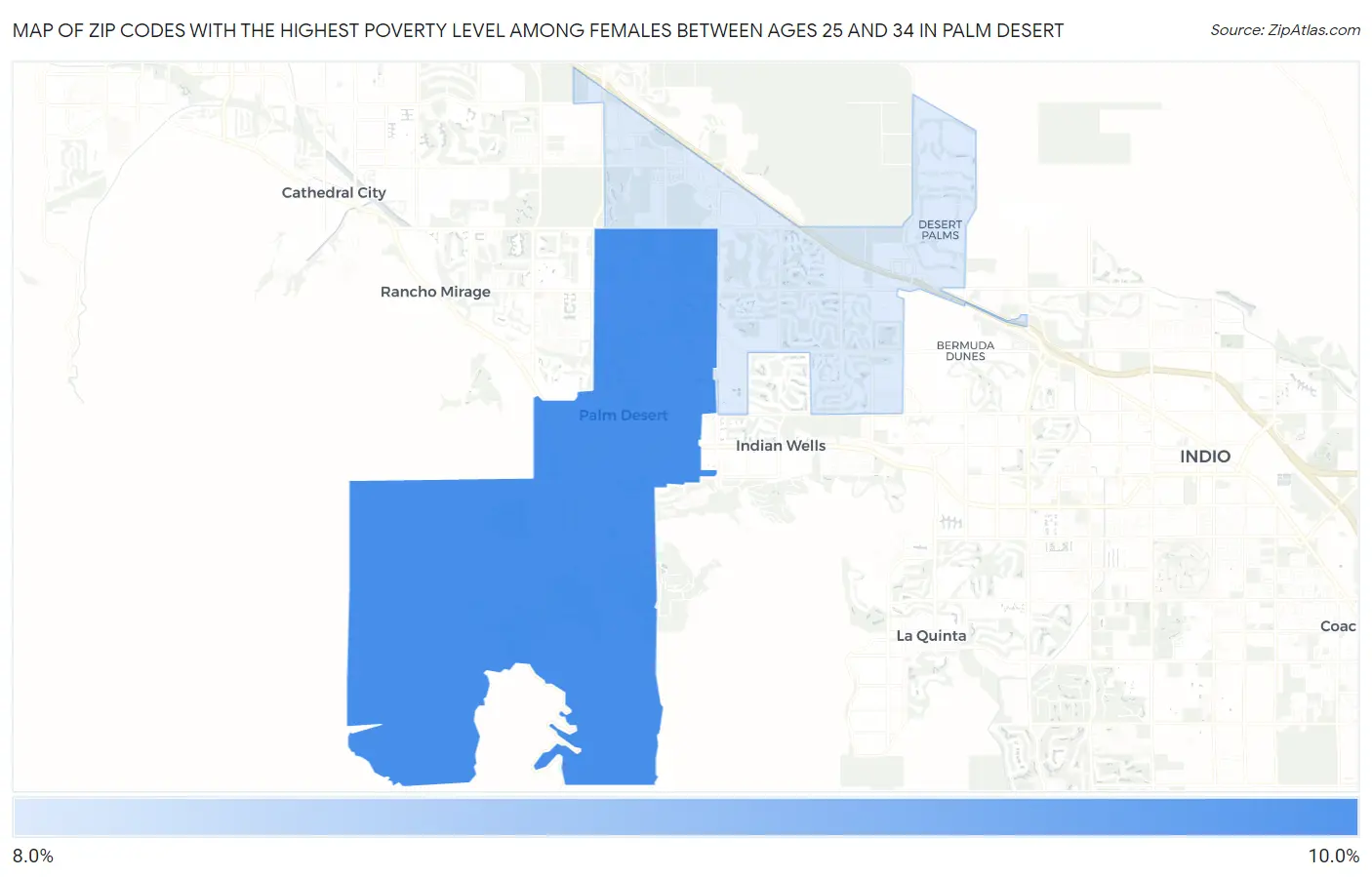 Zip Codes with the Highest Poverty Level Among Females Between Ages 25 and 34 in Palm Desert Map