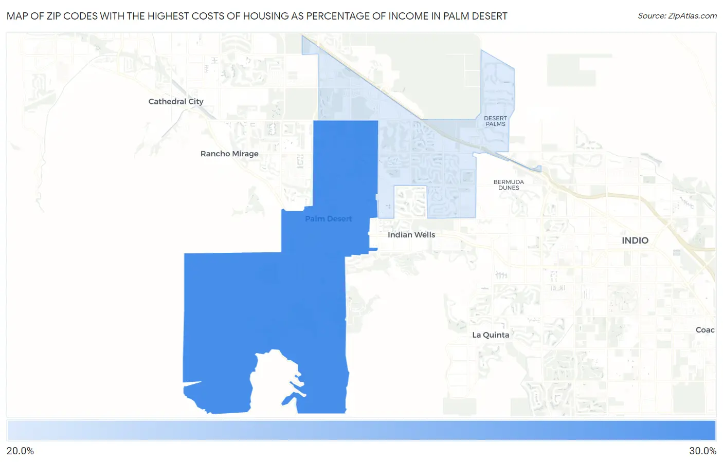 Zip Codes with the Highest Costs of Housing as Percentage of Income in Palm Desert Map