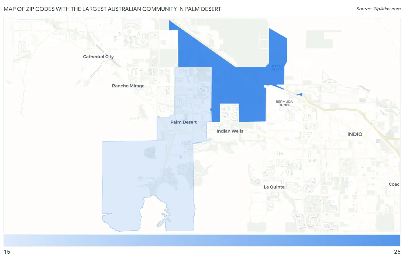 Zip Codes with the Largest Australian Community in Palm Desert Map