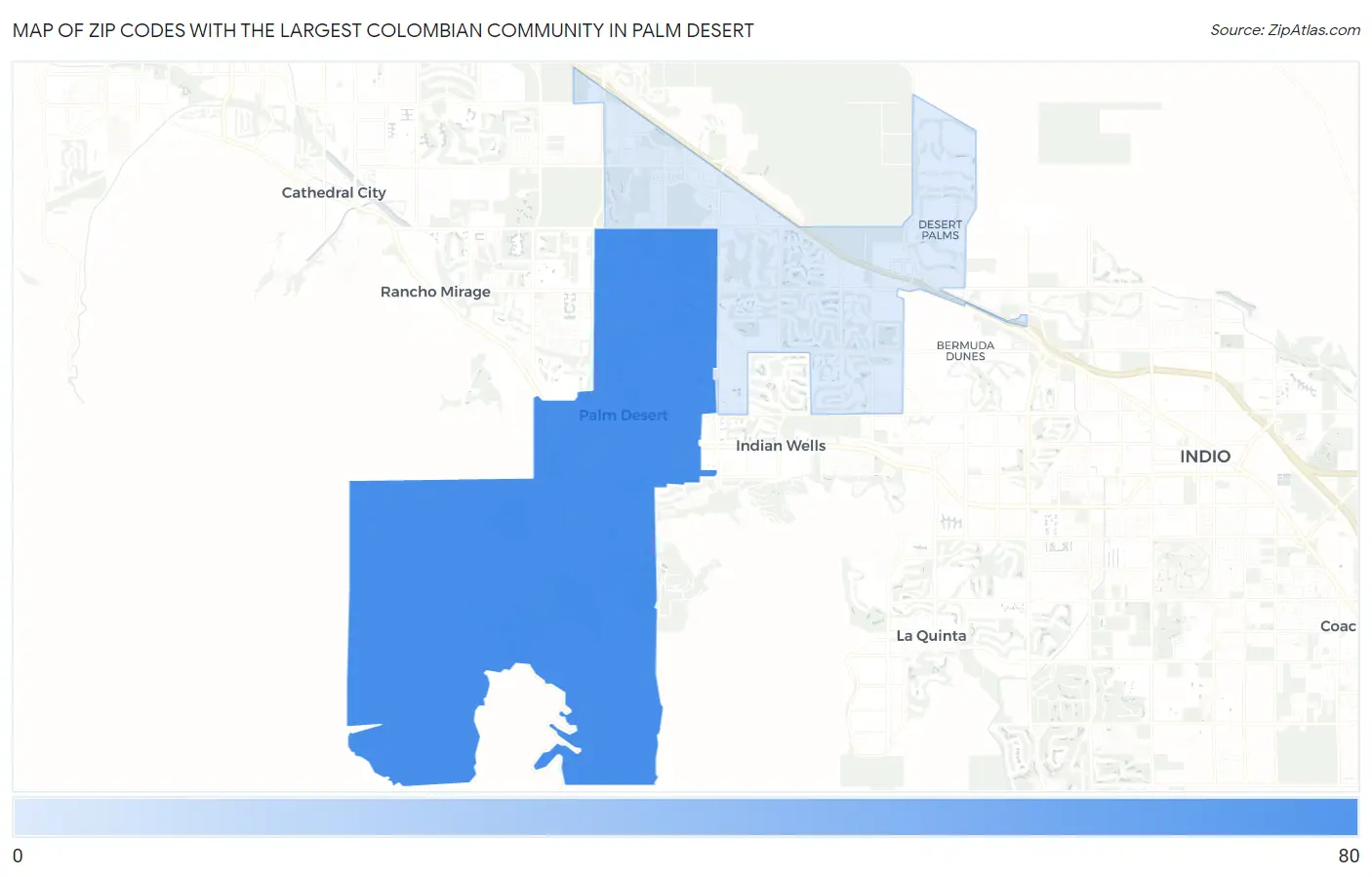 Zip Codes with the Largest Colombian Community in Palm Desert Map