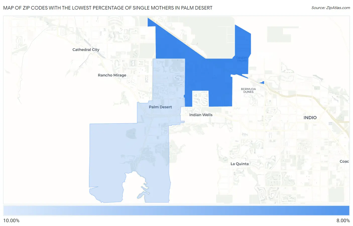 Zip Codes with the Lowest Percentage of Single Mothers in Palm Desert Map