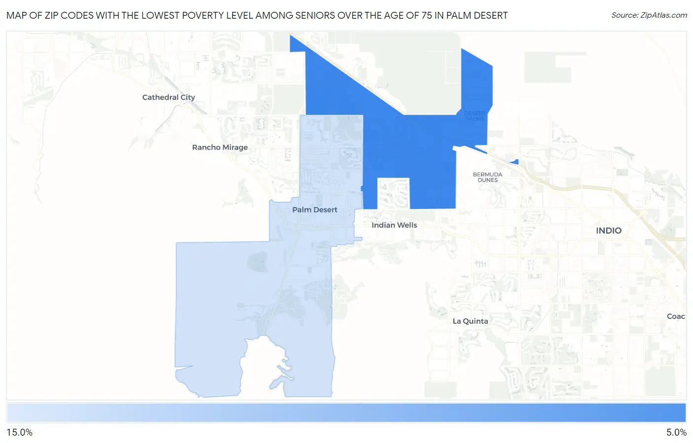 Zip Codes with the Lowest Poverty Level Among Seniors Over the Age of 75 in Palm Desert Map