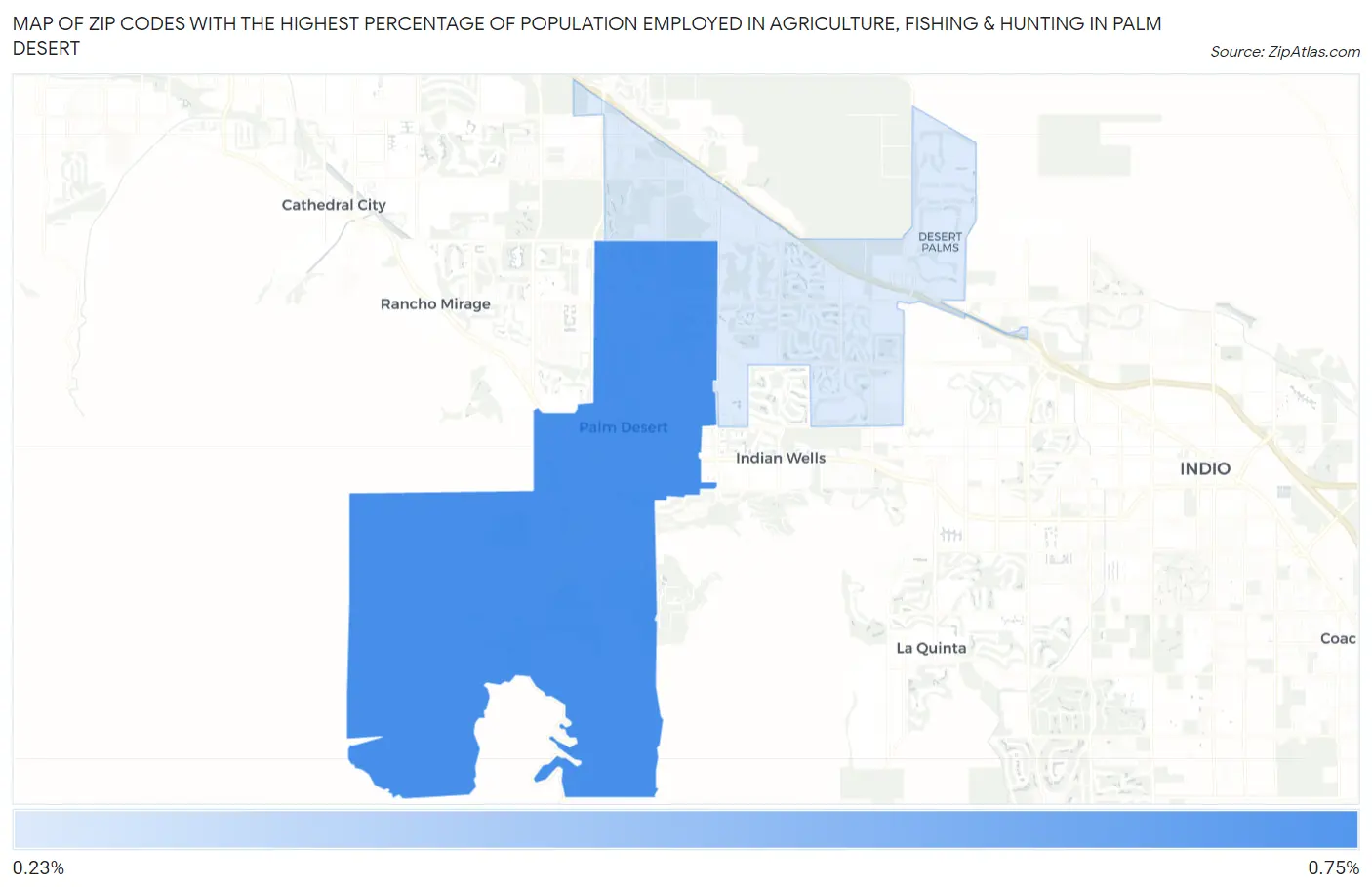 Zip Codes with the Highest Percentage of Population Employed in Agriculture, Fishing & Hunting in Palm Desert Map