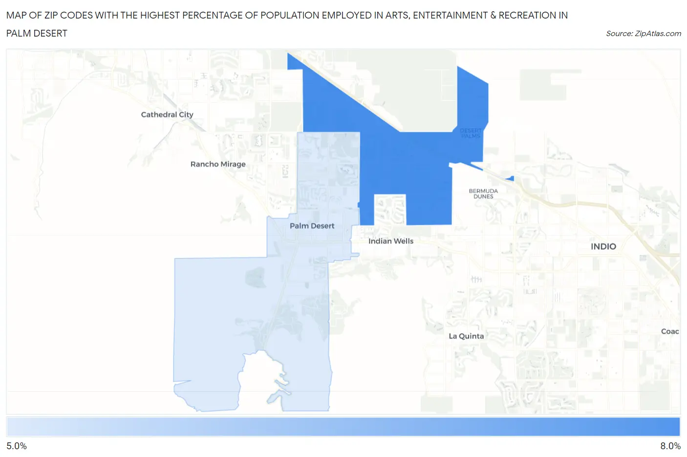 Zip Codes with the Highest Percentage of Population Employed in Arts, Entertainment & Recreation in Palm Desert Map