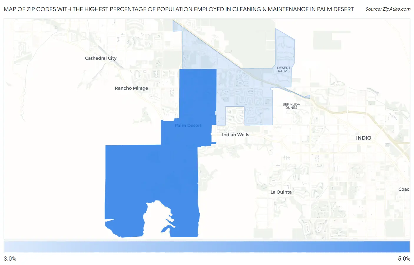 Zip Codes with the Highest Percentage of Population Employed in Cleaning & Maintenance in Palm Desert Map