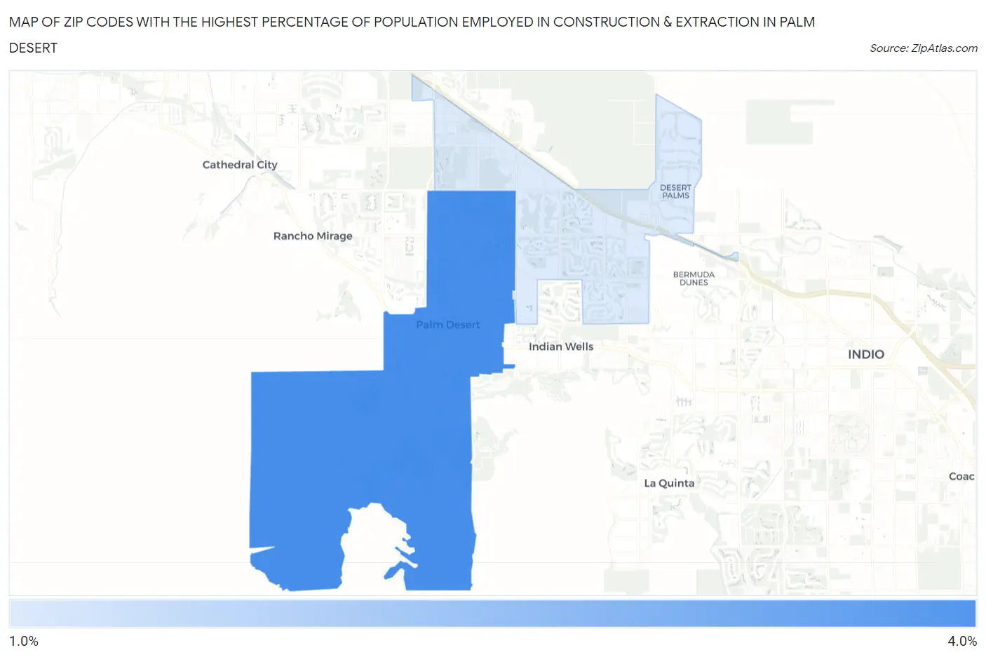 Zip Codes with the Highest Percentage of Population Employed in Construction & Extraction in Palm Desert Map